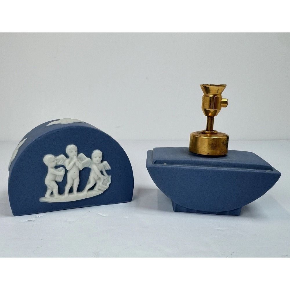 Rare DeV Japan Perfume Atomizer Wedgwood Style Blue Cherub Vanity Bottle Sprayer